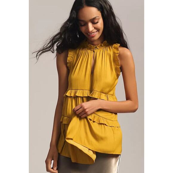 By Anthropologie Tiered Ruffle Trim Sleeveless Blouse Yellow Women's Size XL - Picture 1 of 9